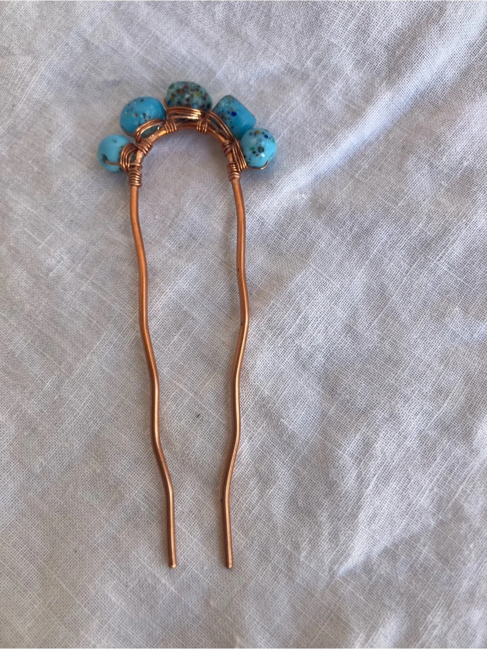 Teal Milliflori Beaded Hair fork Hammered Copper